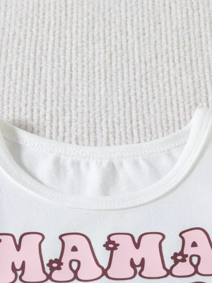White cotton baby tee with pink retro "Mama" graphic and floral detail