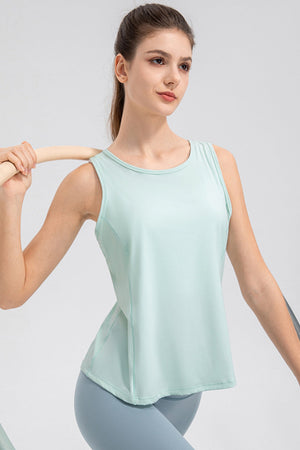 Aqua performance tank top with curved back panel detail and round neckline.