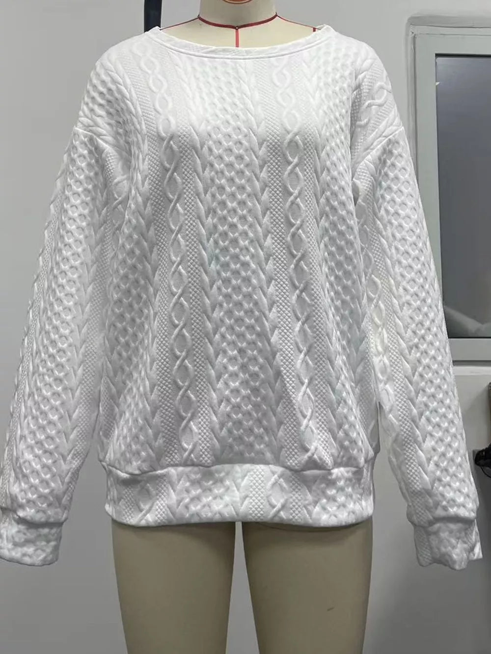 Textured Knit Crewneck Sweatshirt in White, fabric detail