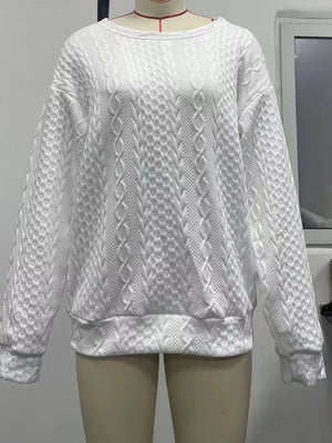 Textured Knit Crewneck Sweatshirt in White, fabric detail