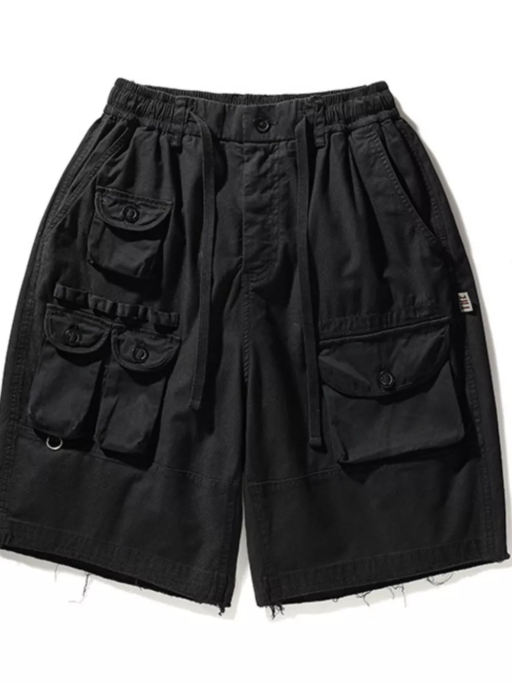 Black men's cargo shorts with multiple pockets and drawstring waist.
