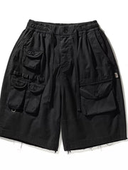 Black men's cargo shorts with multiple pockets and drawstring waist.