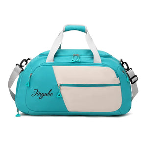 Aqua and beige colorblock travel duffel bag with logo detail and multiple zippers.