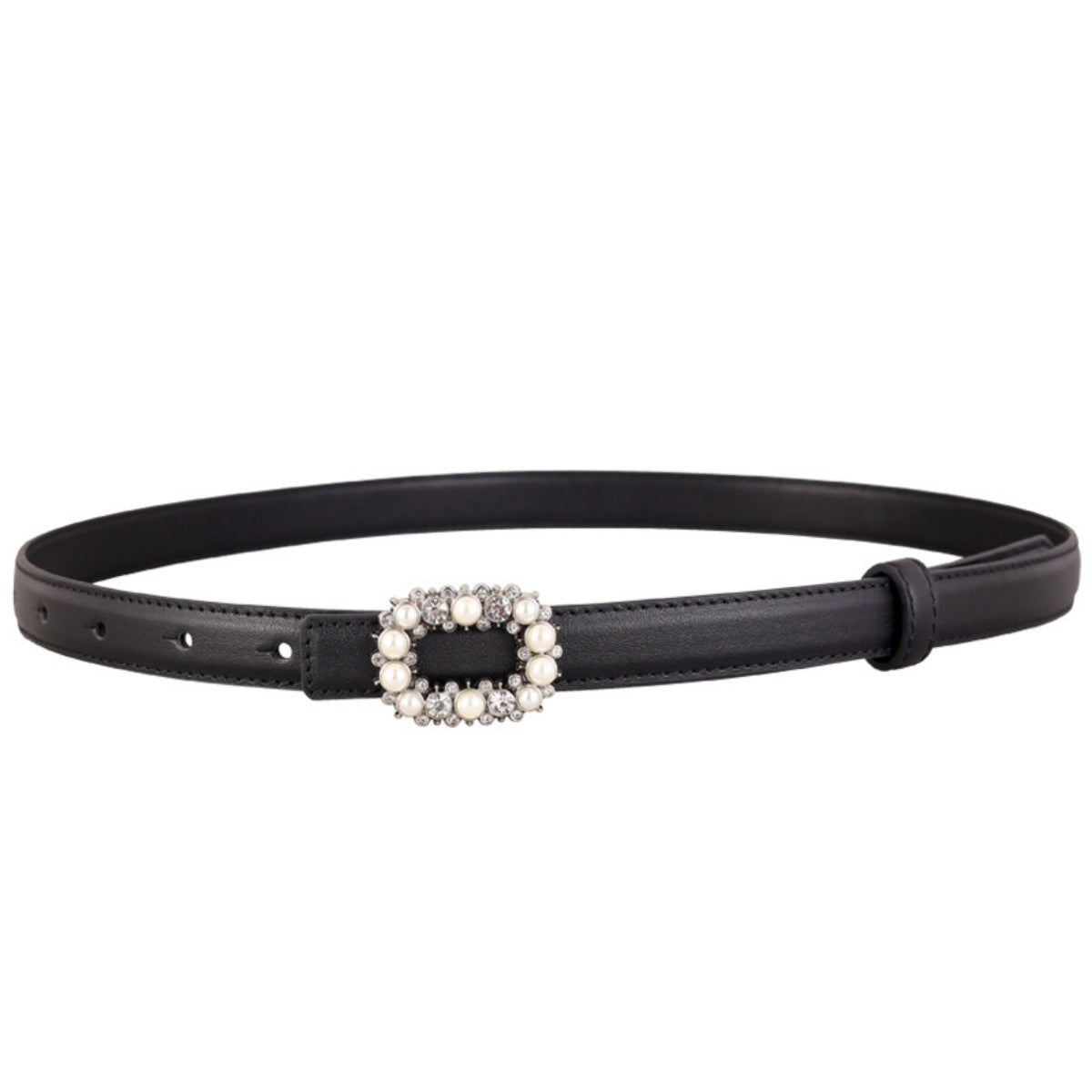 Black leather belt with pearl and rhinestone embellished buckle