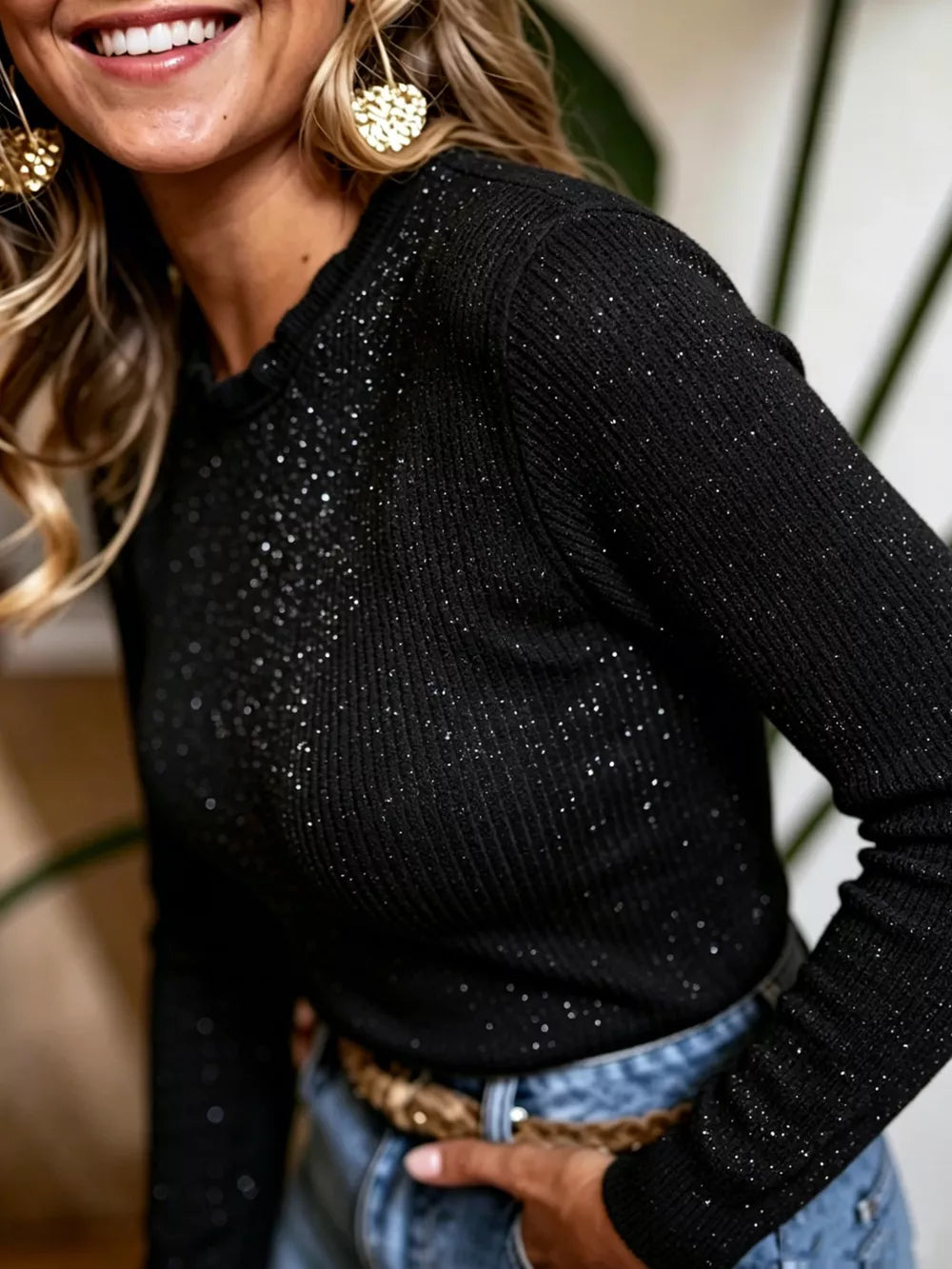 Sculpted Ribbed Knit Top With Ruffled Neckline