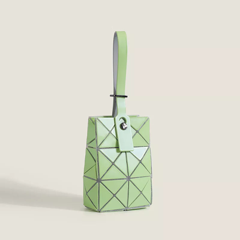 Light Green geometric panel tote bag with a single strap and silver hardware detail.