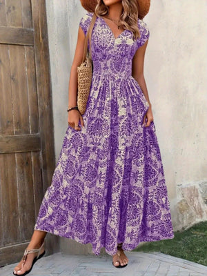 Purple Flower damask print maxi dress with cap sleeves and tiered skirt.