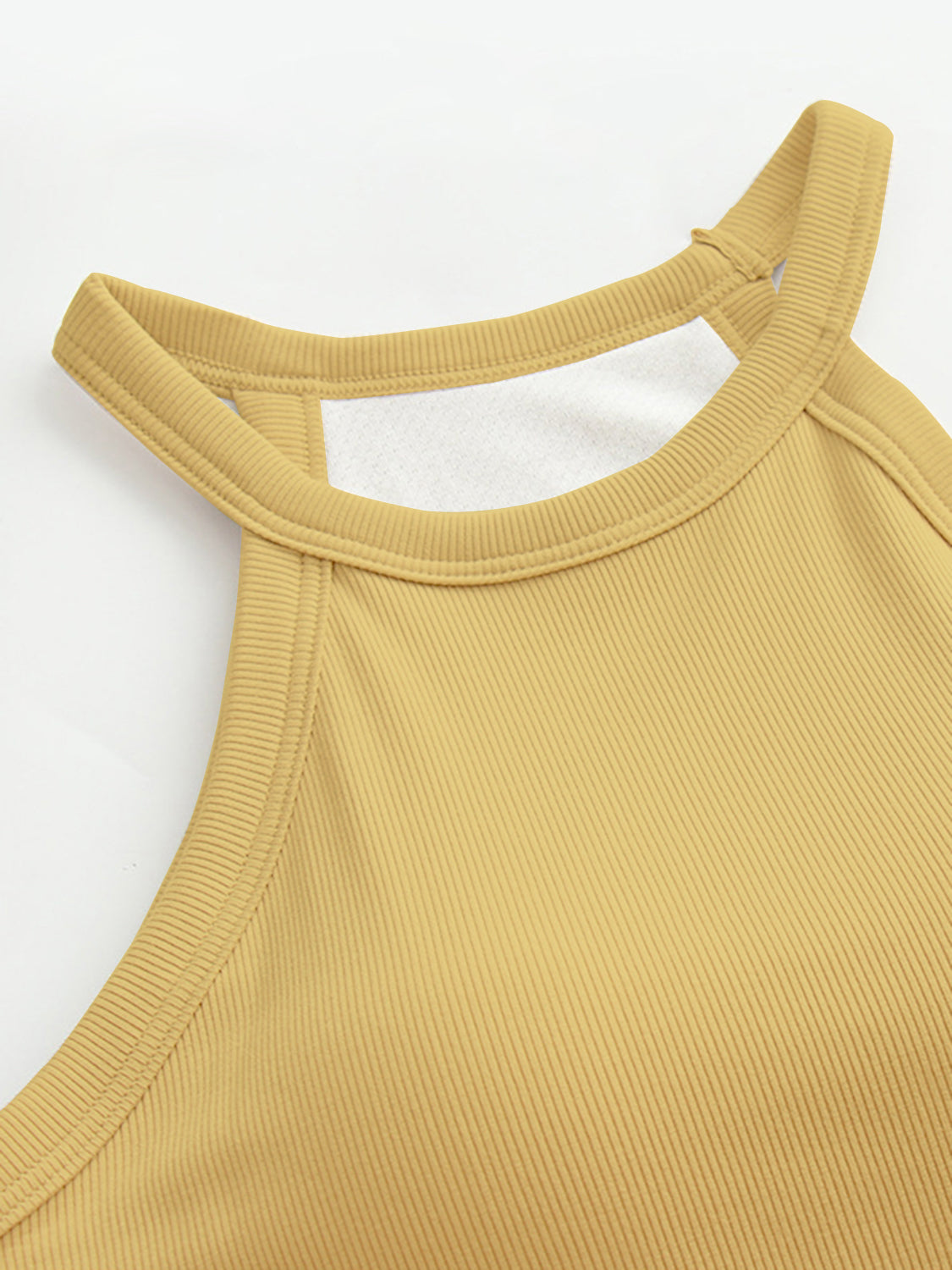 Mustard ribbed halter tank top with built-in bra detail