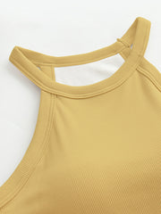Mustard ribbed halter tank top with built-in bra detail