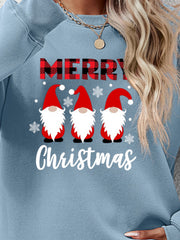 Misty Blue Christmas gnome graphic sweatshirt with buffalo plaid Merry text.
