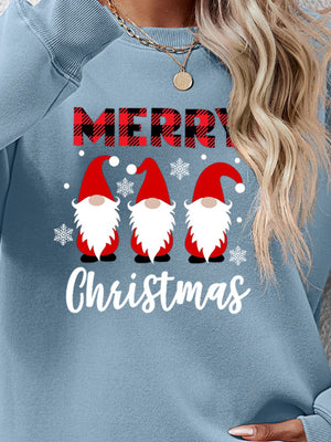 Misty Blue Christmas gnome graphic sweatshirt with buffalo plaid Merry text.