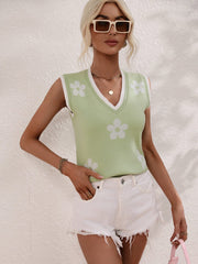 Light Green Daisy Motif Knit Tank Top with white trim and V-neck