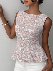 Textured floral peplum tank top in dusty pink with a boat neckline and peplum hem.