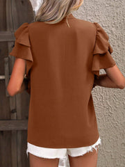 Brown ruffled sleeve blouse with a plunge neckline.
