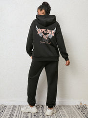 Black graphic hoodie and jogger set with butterfly and text print.