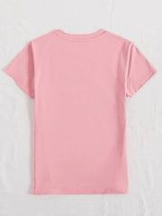 Blush pink polyester t-shirt with crew neck and short sleeves.