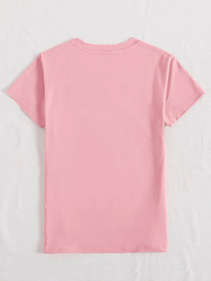 Blush pink polyester t-shirt with crew neck and short sleeves.