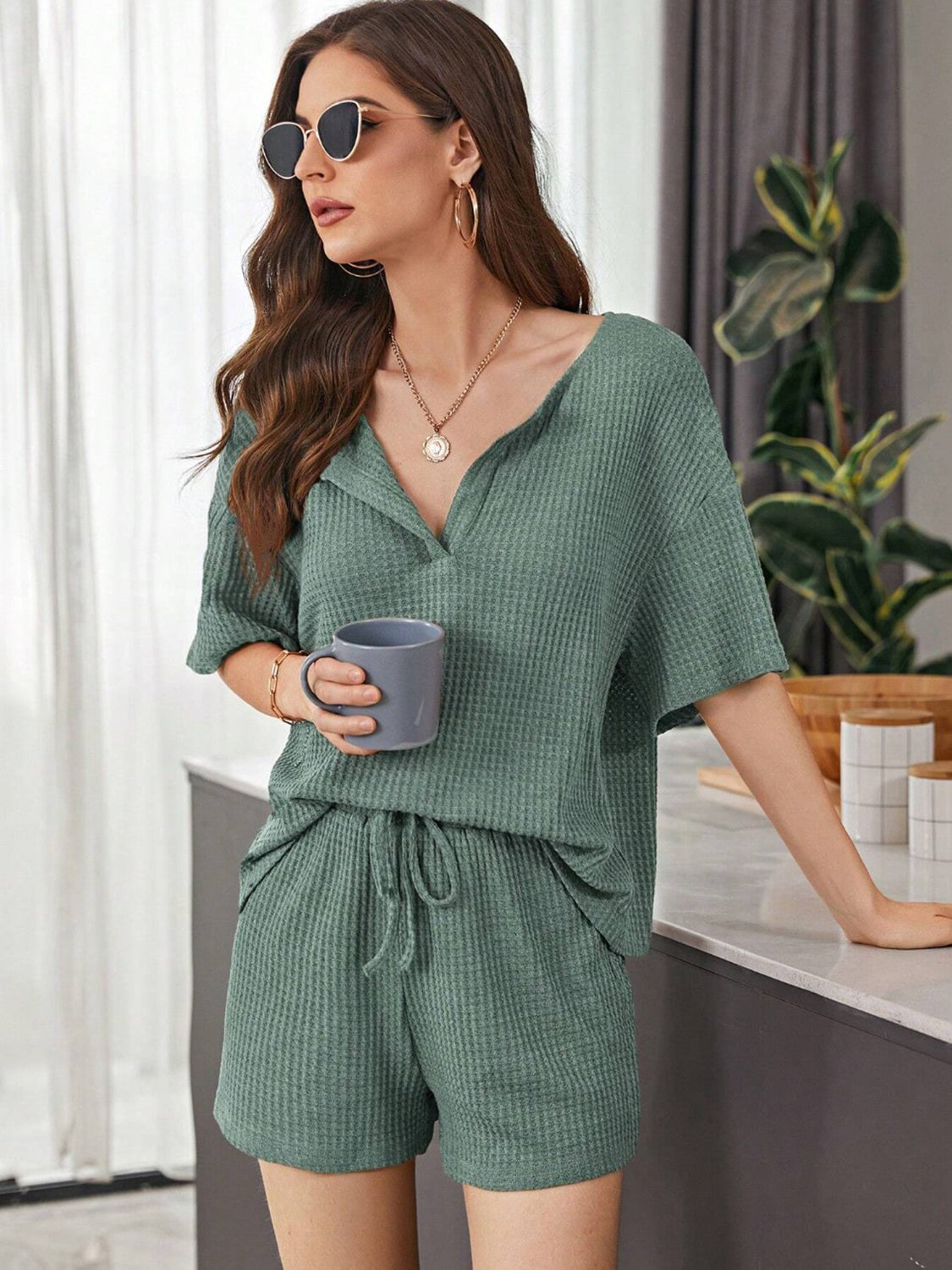 Relaxed waffle knit henley short set in Army Green with V-neck and drawstring shorts.