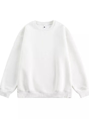Oversized white crew-neck sweatshirt with ribbed cuffs and hem.