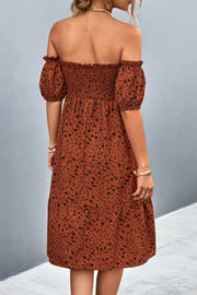 Brown floral midi dress with smocked bodice and off-the-shoulder bubble sleeves