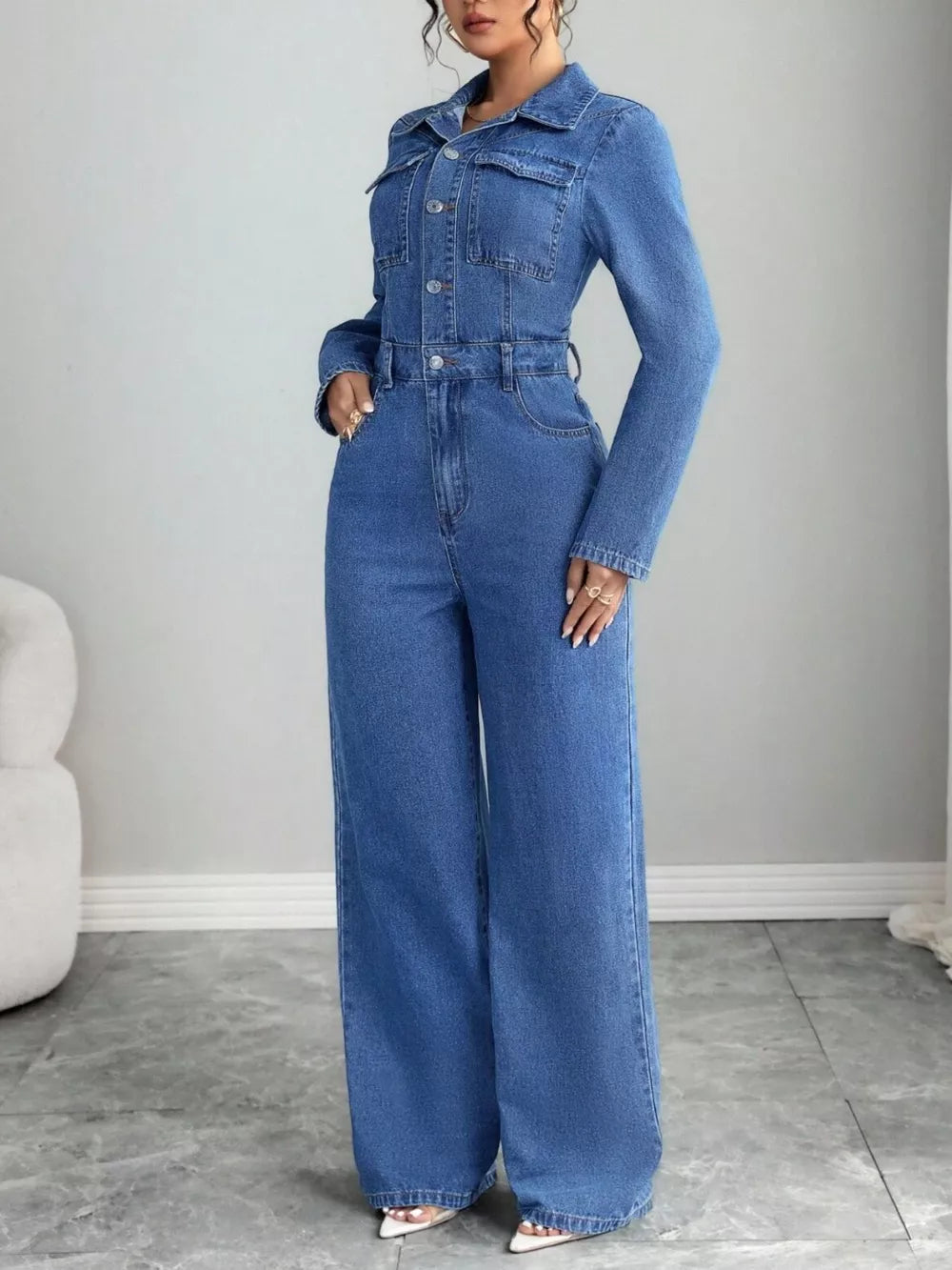 Button Front Long Sleeve Denim Jumpsuit, side view