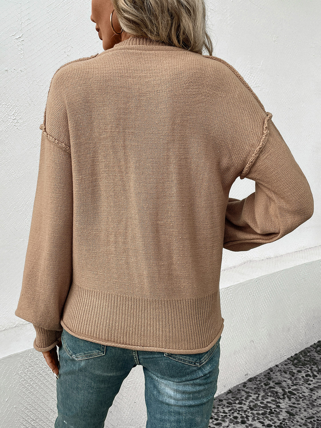 Camel knit sweater with raglan sleeves and ribbed hem detail