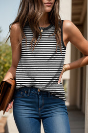 Black and white striped tank top with contrast black trim and crew neck.
