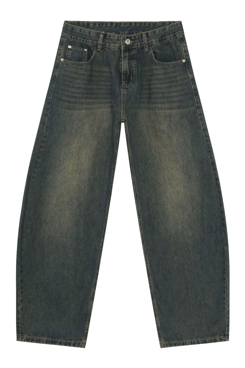 Faded baggy denim jeans in a deep teal wash with a relaxed fit and classic five-pocket styling.