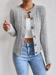 Gray cable-knit button-front cardigan with crew neck and textured details.