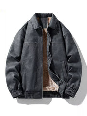 Black oversized fleece lined zip jacket with a collared neckline and elastic cuffs.
