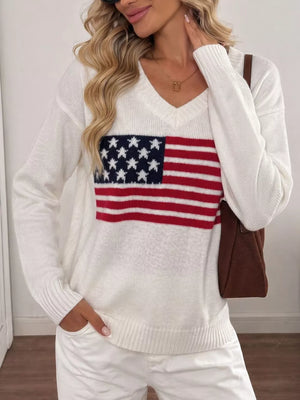 American Flag V-neck Knit Top in Black, front view
