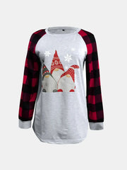 Light gray raglan tee with gnome graphic and red buffalo plaid sleeves.