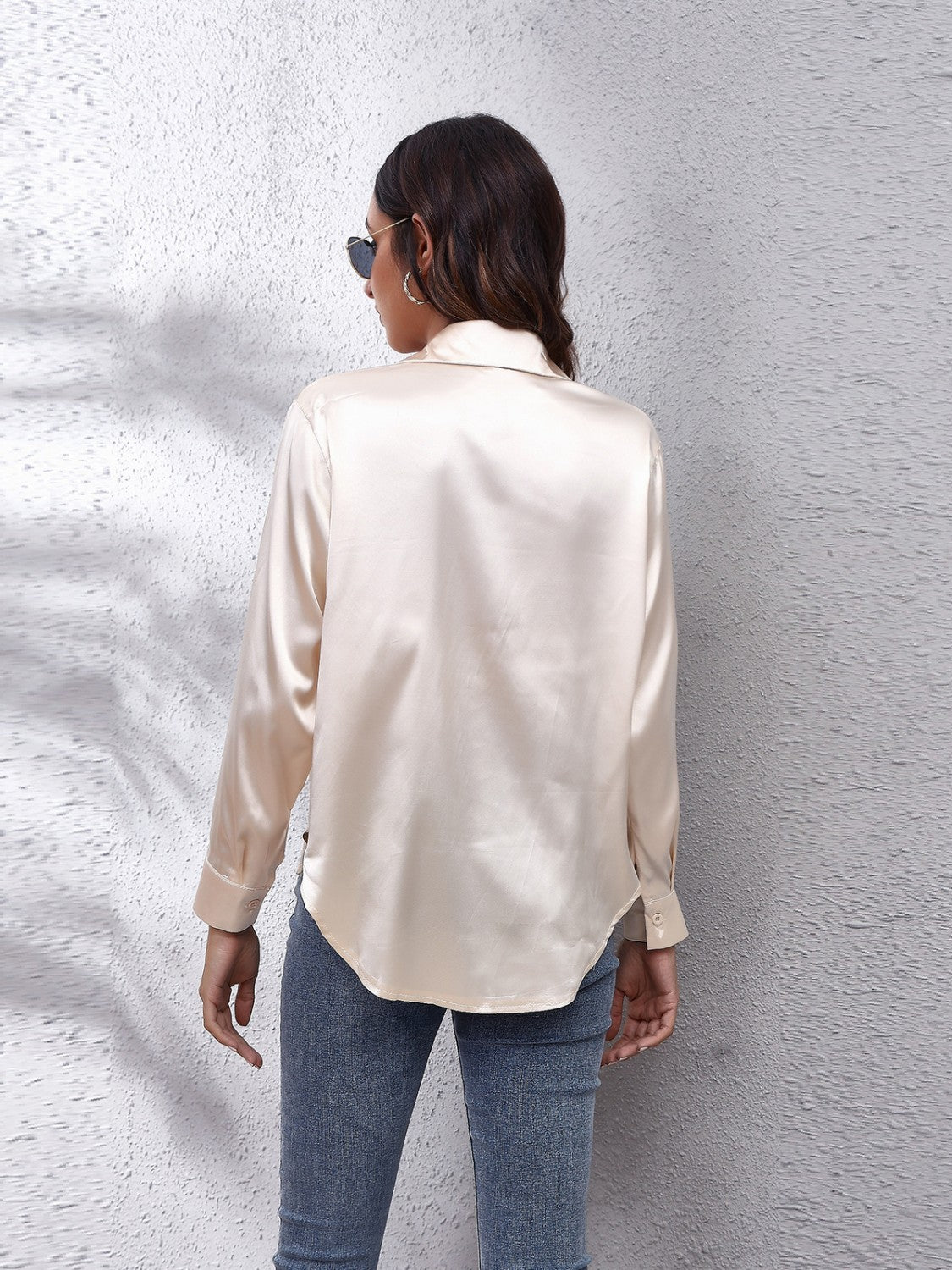Luxe satin collared button-down shirt in ivory with a relaxed fit.