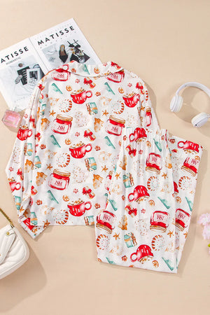 White collared pajama set with festive holiday print of mugs, jars, gifts, and candy.
