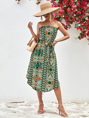 Green printed bandeau midi dress with tie belt and asymmetric hem