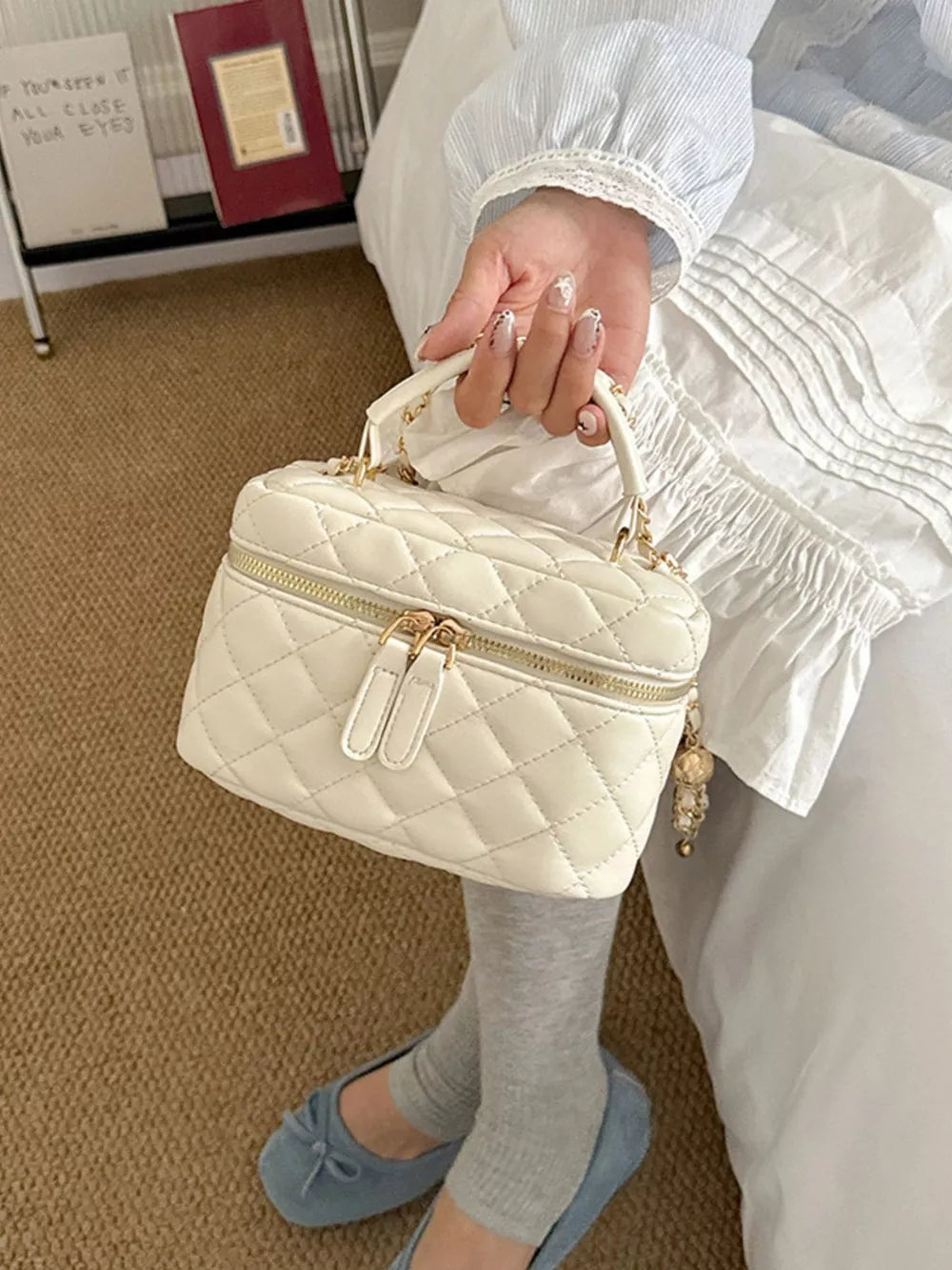 Quilted Chain Strap Crossbody Bag in Pink, model styling view
