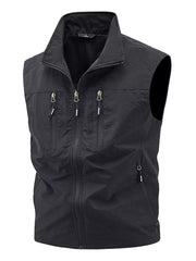 Black men's multi-pocket outdoor vest with zipper closure and stand-up collar.
