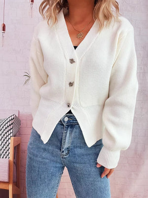 White ribbed V-neck button-through cardigan with silver buttons