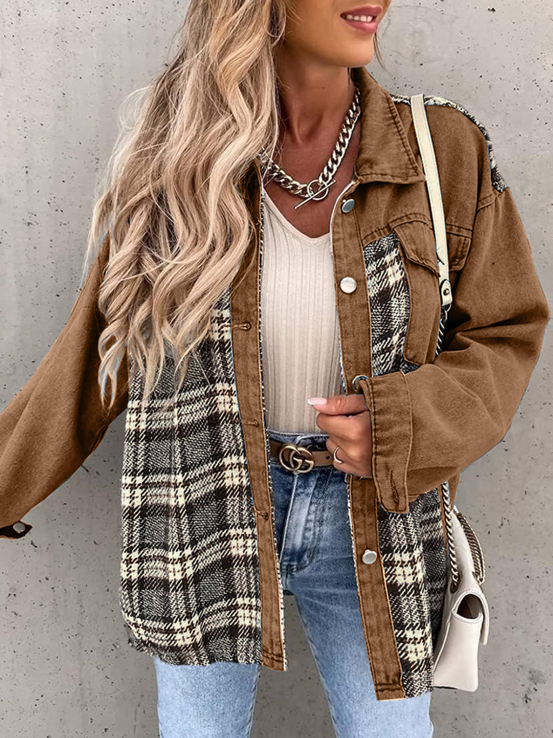 Brown denim hybrid jacket with plaid paneling and button front.