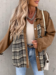 Brown denim hybrid jacket with plaid paneling and button front.
