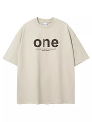 Beige cotton crew neck t-shirt with oversized fit and "one" graphic print.
