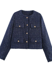 Dark blue cropped tweed button-up jacket with gold buttons and chest pockets.