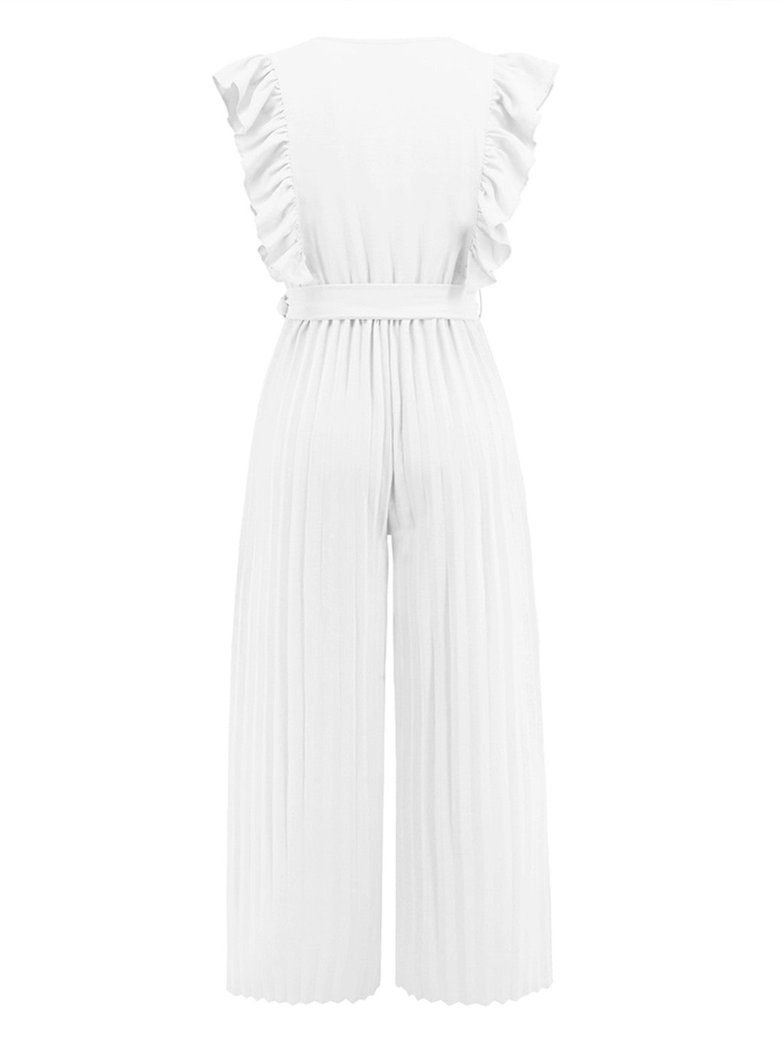 White pleated ruffle wrap jumpsuit with belt