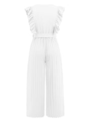 White pleated ruffle wrap jumpsuit with belt