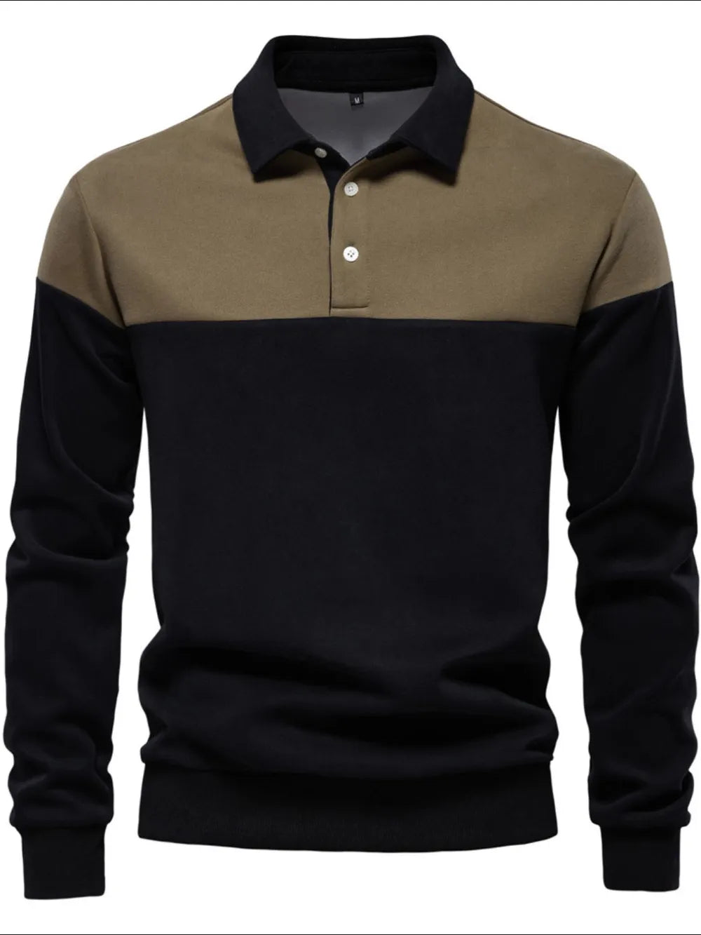 Colorblock rugby shirt with contrast collar in khaki and black, long sleeves, two-button placket.