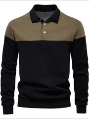 Colorblock rugby shirt with contrast collar in khaki and black, long sleeves, two-button placket.