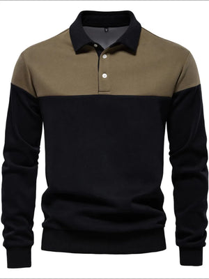 Colorblock rugby shirt with contrast collar in khaki and black, long sleeves, two-button placket.