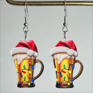 Festive acrylic novelty drop earrings shaped like beer mugs with Santa hats and colorful lights.