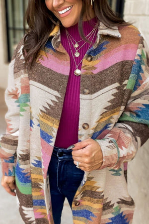 Southwestern print shirt jacket in beige with button front and collared neckline.