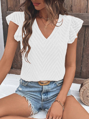 White textured chevron v-neck blouse with flutter sleeves